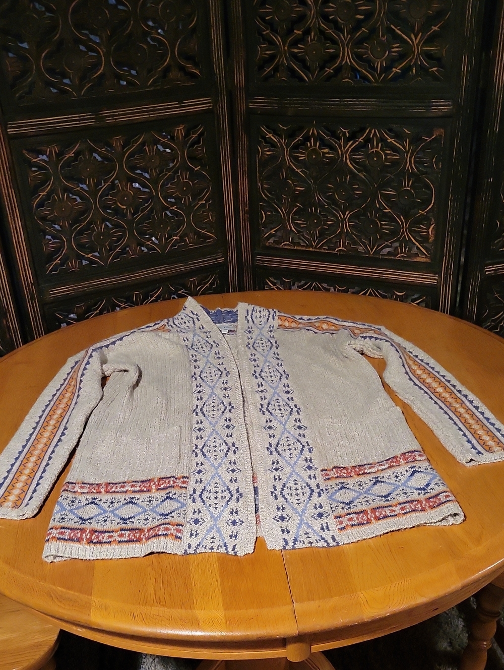Lucky Brand Cream Open-Front Cardigan with Blue & Tan Accents